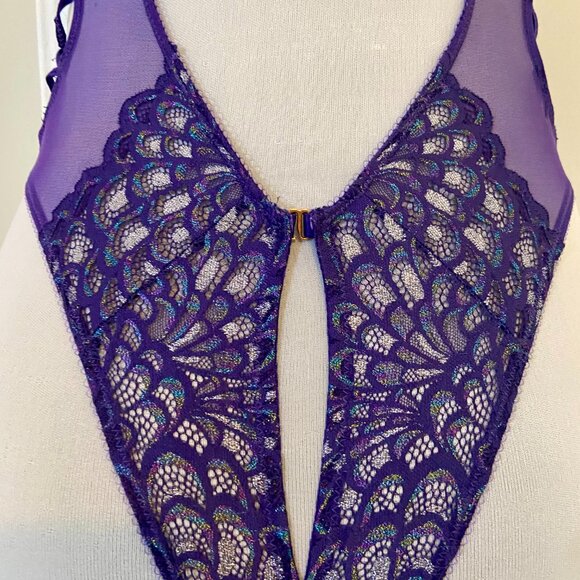 Savage x Fenty Metallic Lace Teddy Bodysuit Grape Purple Small Sheer Criss Cross - Picture 14 of 16